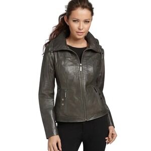 Bernardo Women Genuine Leather Hooded Motorcycle Jacket  XL Gray Full Zip Grunge
